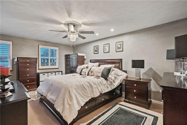 bedroom with ceiling fan, baseboards, and recessed lighting