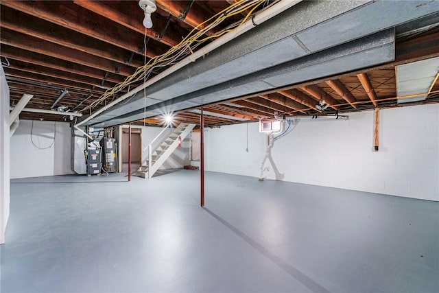 below grade area with water heater and stairway