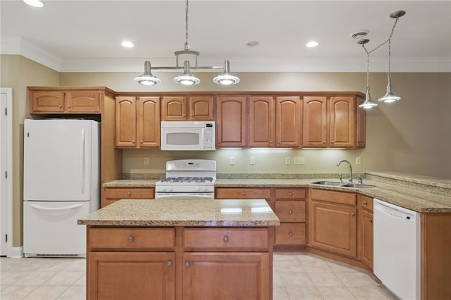 325 Village Green Dr, Peters Twp, PA 15317 - kitchen featuring ornamental molding, light tile patterned floors, a sink, and white appliances