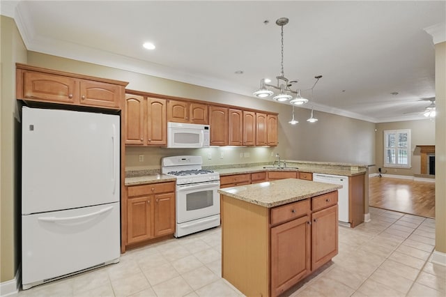 325 Village Green Dr, Peters Twp, PA 15317 - kitchen with white appliances, a peninsula, ornamental molding, a kitchen island, and a sink