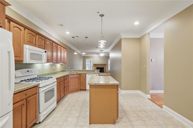325 Village Green Dr, Peters Twp, PA 15317 - kitchen featuring light stone counters, white appliances, a peninsula, crown molding, and pendant lighting