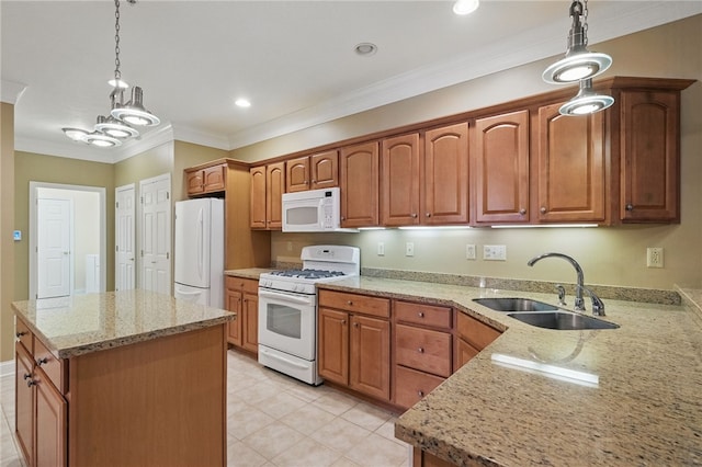 325 Village Green Dr, Peters Twp, PA 15317 - kitchen featuring a sink, ornamental molding, white appliances, pendant lighting, and light stone counters