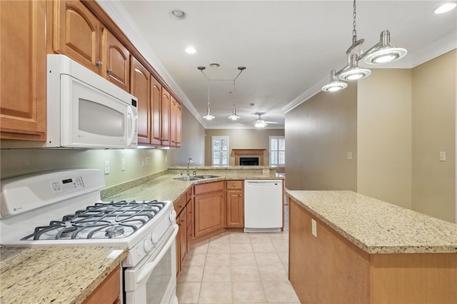 325 Village Green Dr, Peters Twp, PA 15317 - kitchen featuring hanging light fixtures, a sink, ceiling fan, white appliances, and crown molding