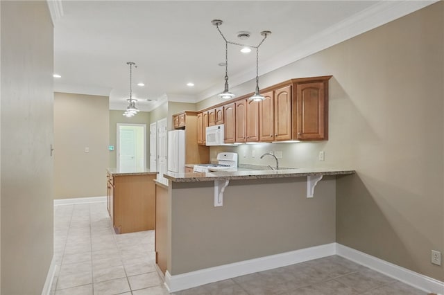 325 Village Green Dr, Peters Twp, PA 15317 - kitchen featuring a kitchen breakfast bar, ornamental molding, white appliances, a peninsula, and light stone countertops