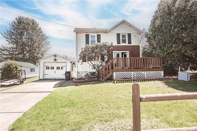 448 E Main St, Dayton, PA 16222 - traditional-style home with a front yard, a deck, a garage, an outbuilding, and driveway