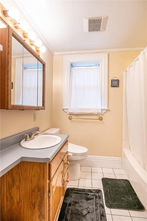 full bath with vanity, ornamental molding, tile patterned flooring, toilet, and visible vents