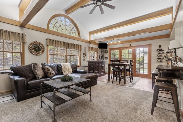 carpeted living room with ceiling fan, beam ceiling, and high vaulted ceiling