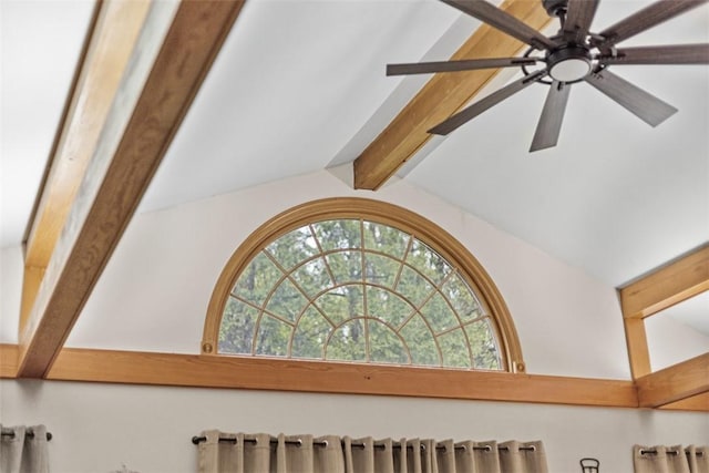 details with ceiling fan and beamed ceiling