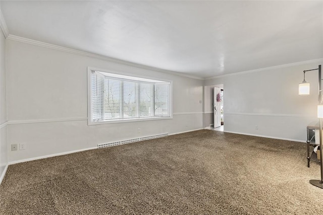 spare room with crown molding, a baseboard radiator, baseboards, and carpet flooring