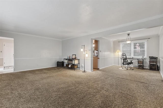interior space featuring crown molding, baseboards, and carpet flooring