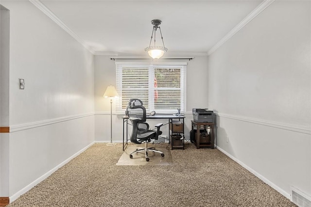 home office with crown molding, carpet floors, baseboards, and visible vents