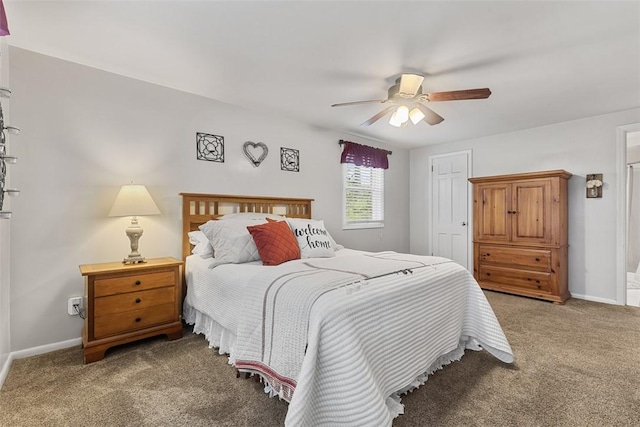 bedroom with baseboards, carpet flooring, and ceiling fan