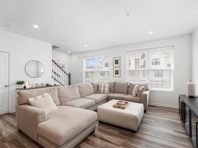 308 Thurgood Dr, Marshall, PA 15086 - living area featuring baseboards, recessed lighting, wood finished floors, and stairs