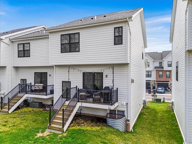 308 Thurgood Dr, Marshall, PA 15086 - back of property with stairway, a deck, a lawn, and cooling unit