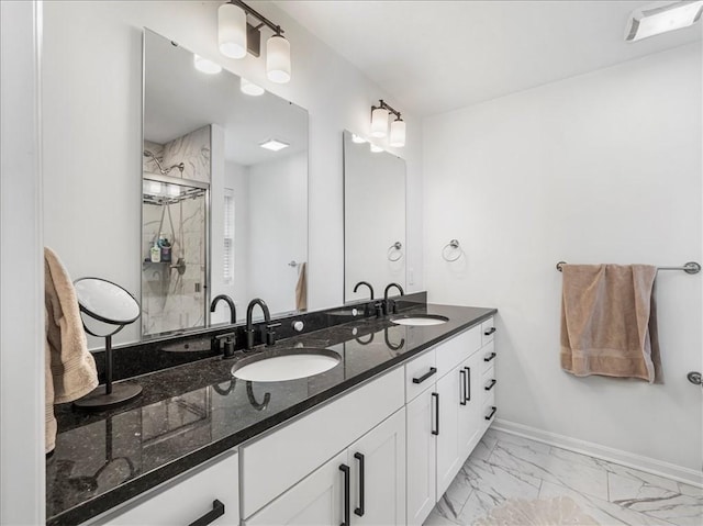 308 Thurgood Dr, Marshall, PA 15086 - bathroom with a sink, a shower stall, marble finish floor, and double vanity