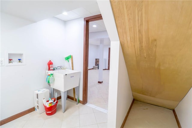 1282 Cook School Rd, Bridgeville, PA 15017 - laundry area featuring tile patterned flooring, baseboards, recessed lighting, and hookup for a washing machine