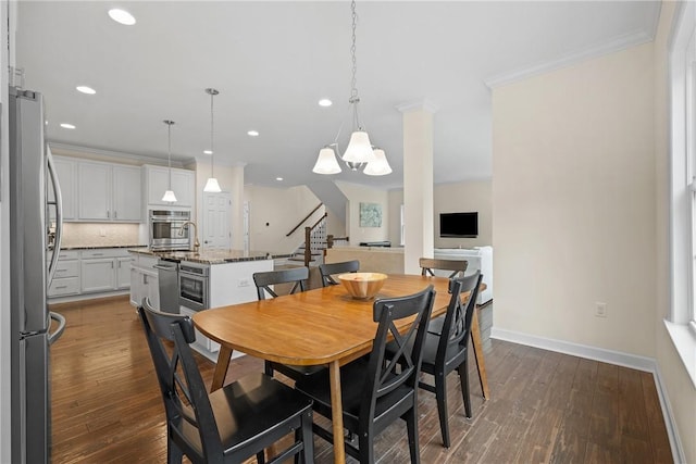 dining area featuring baseboards, recessed lighting, and dark wood-style flooring