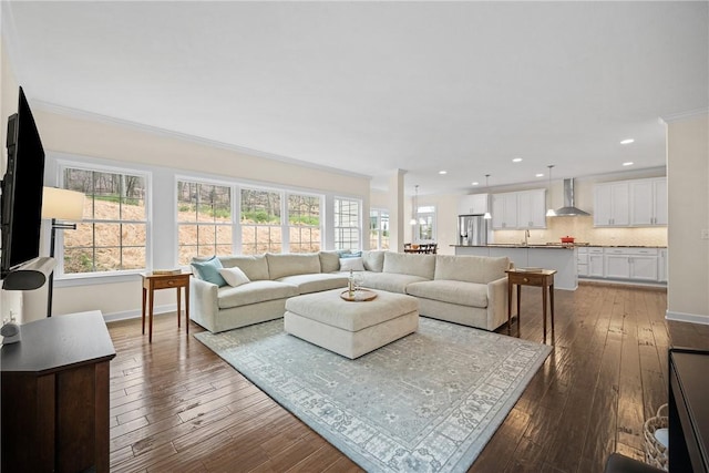 living area featuring dark wood-style flooring, ornamental molding, and baseboards