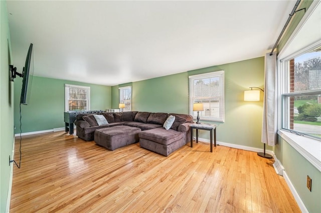 living room featuring light wood-style floors and baseboards
