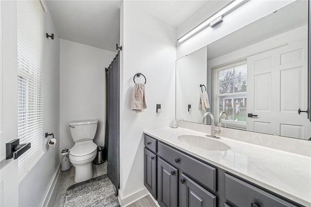 bathroom with vanity, baseboards, toilet, and wood finished floors