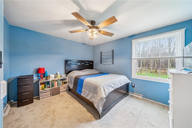 bedroom with a baseboard heating unit, ceiling fan, baseboards, and carpet floors