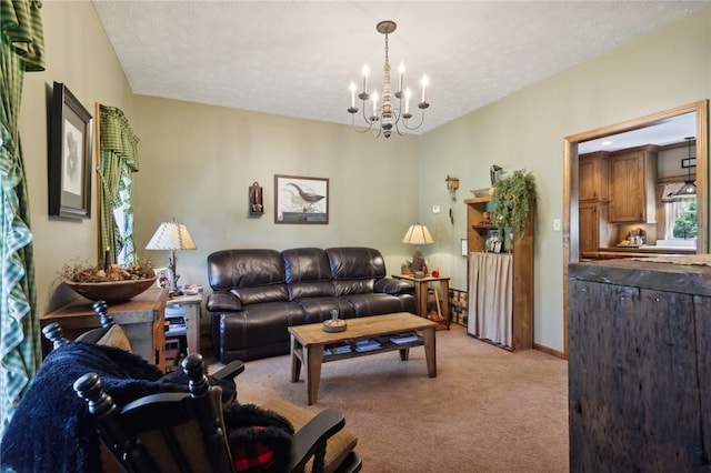 56 Hicks Rd, Donegal Twp Wsh, PA 15376 - living area featuring light carpet, a chandelier, and a textured ceiling