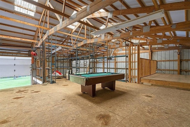 game room featuring pool table and vaulted ceiling