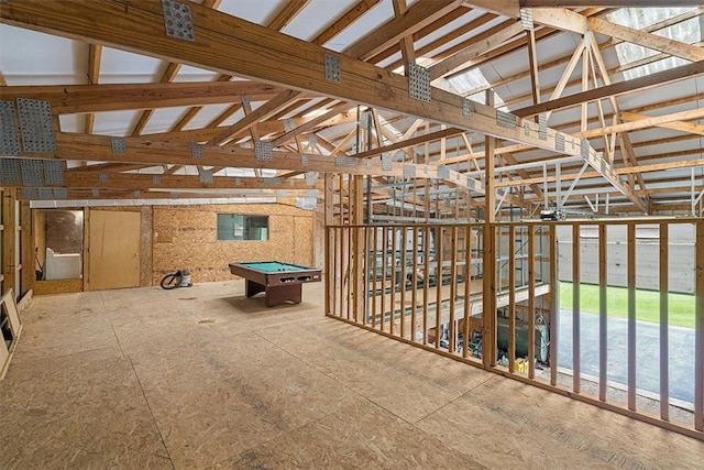 misc room with lofted ceiling and billiards