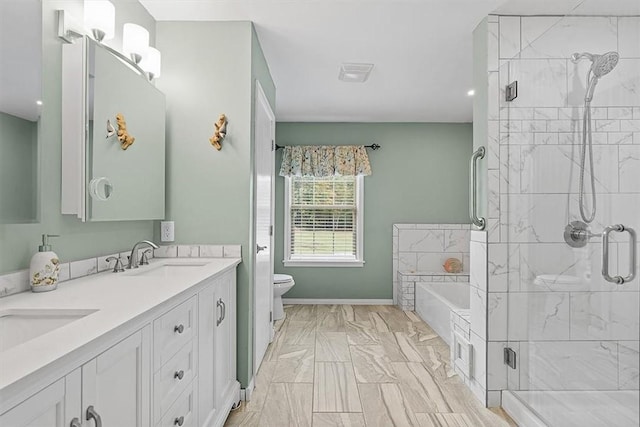 bathroom with visible vents, a bath, a sink, marble finish floor, and a stall shower