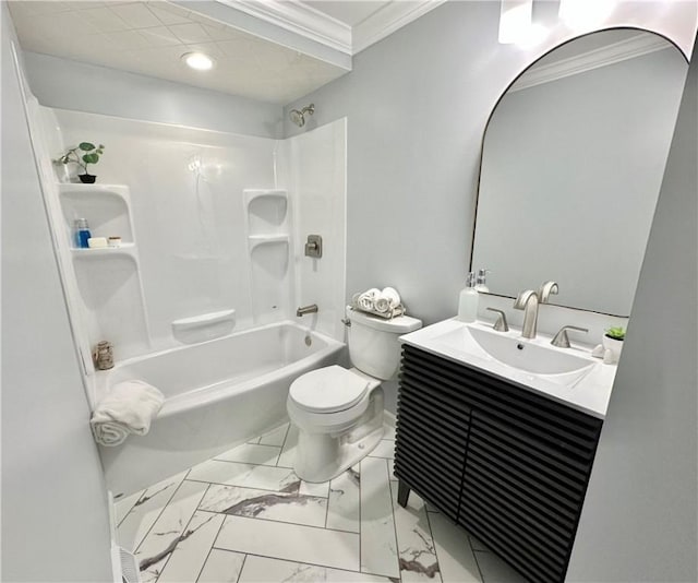 bathroom with toilet, crown molding, recessed lighting, shower / bath combination, and marble finish floor