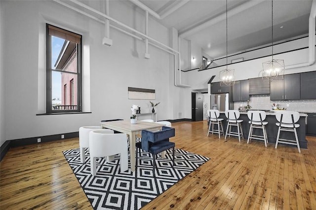 3080 Smallman St, Downtown Pgh, PA 15201 - dining space with a high ceiling, light wood-style floors, and a chandelier