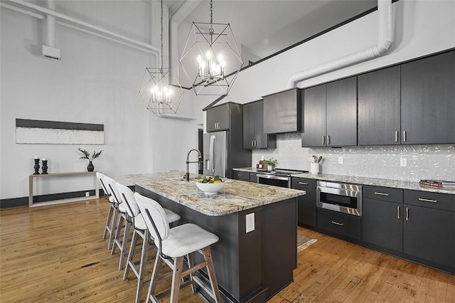 3080 Smallman St, Downtown Pgh, PA 15201 - kitchen with a high ceiling, a chandelier, backsplash, light wood-type flooring, and a kitchen island with sink