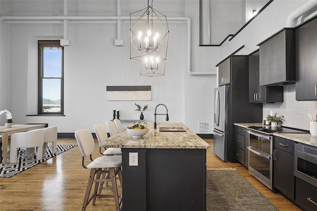 3080 Smallman St, Downtown Pgh, PA 15201 - kitchen with a sink, stainless steel appliances, a center island with sink, a breakfast bar area, and light wood finished floors