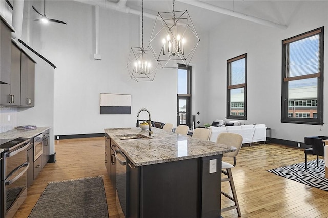3080 Smallman St, Downtown Pgh, PA 15201 - kitchen featuring a sink, a breakfast bar, appliances with stainless steel finishes, high vaulted ceiling, and light wood-type flooring