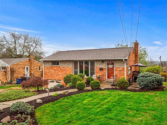 435 Elaine Dr, Baldwin Boro, PA 15236 - ranch-style house with roof with shingles, a front lawn, brick siding, an attached garage, and a chimney