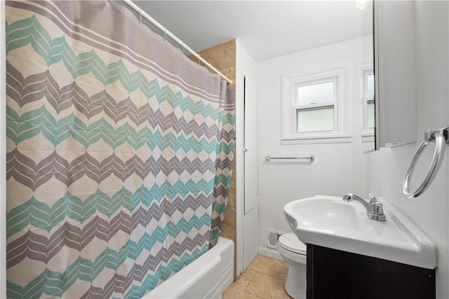 4 Gardner St, Etna, PA 15223 - bathroom featuring vanity, visible vents, toilet, tile patterned floors, and shower / bath combo with shower curtain