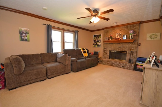 carpeted living area with crown molding, ceiling fan, and a brick fireplace