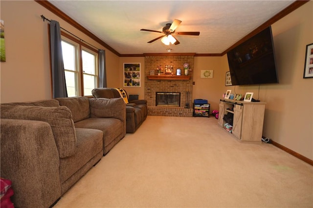 living room with ceiling fan, light colored carpet, a fireplace, and ornamental molding