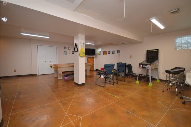 recreation room with baseboards, pool table, tile patterned flooring, and visible vents