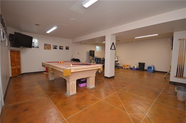 rec room featuring tile patterned flooring, visible vents, baseboards, and pool table
