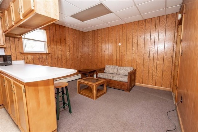 living area featuring light carpet and wooden walls