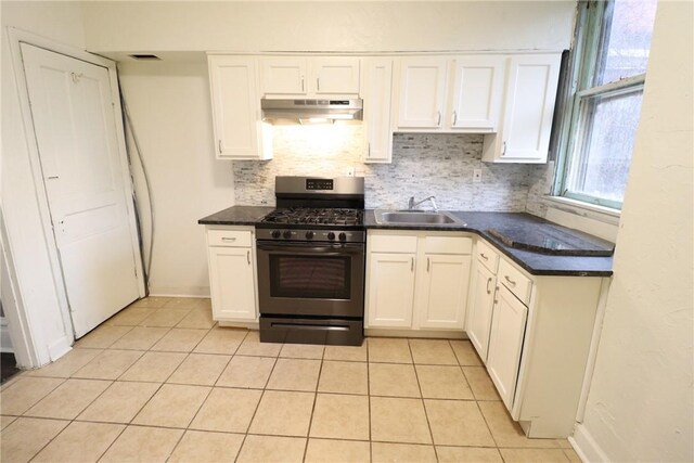 7807 Kelly St, East Hills, PA 15208 - kitchen featuring tasteful backsplash, under cabinet range hood, a sink, dark countertops, and stainless steel gas range oven