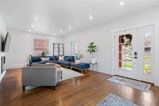 6649 Kinsman Rd, Squirrel Hill, PA 15217 - living room featuring hardwood / wood-style floors, a fireplace, ornamental molding, and plenty of natural light