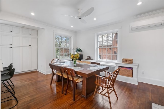 6649 Kinsman Rd, Squirrel Hill, PA 15217 - dining room featuring dark wood-type flooring, baseboards, crown molding, and a ceiling fan
