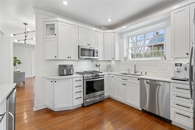 6649 Kinsman Rd, Squirrel Hill, PA 15217 - kitchen with ornamental molding, a chandelier, light countertops, stainless steel appliances, and a sink