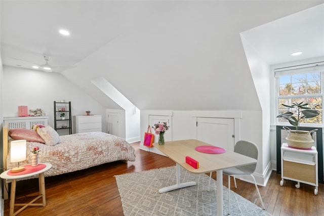 6649 Kinsman Rd, Squirrel Hill, PA 15217 - bedroom with baseboards, recessed lighting, hardwood / wood-style flooring, and lofted ceiling