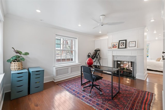 6649 Kinsman Rd, Squirrel Hill, PA 15217 - office area with a high end fireplace, hardwood / wood-style floors, baseboards, and ornamental molding