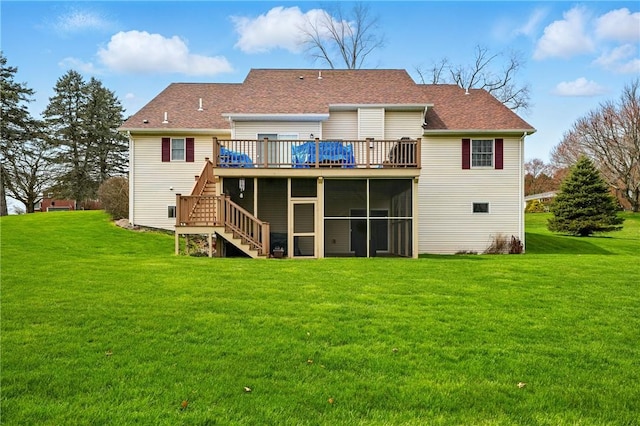105 Hillcrest Rd, Penn Twp But, PA 16053 - back of property featuring stairway, a wooden deck, a lawn, and a sunroom