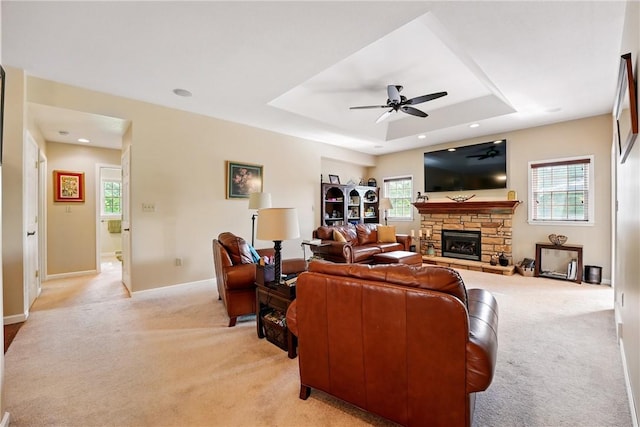 105 Hillcrest Rd, Penn Twp But, PA 16053 - living area with light carpet, ceiling fan, a fireplace, baseboards, and recessed lighting