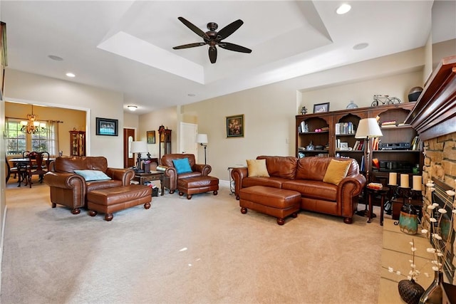 105 Hillcrest Rd, Penn Twp But, PA 16053 - living room featuring light colored carpet, ceiling fan, a chandelier, a raised ceiling, and recessed lighting